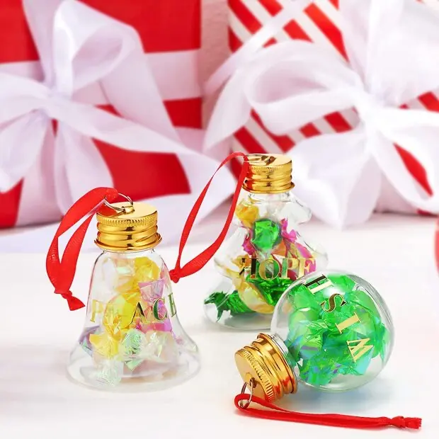 Adornos de árbol de Navidad, botella transparente vacía de plástico lleno de bebida, bolas festivas para bebida, jugo de leche y agua