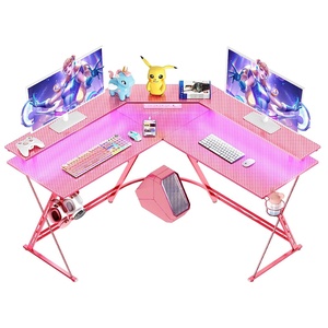 Escritorio de computadora en forma de L Superficie de fibra de carbono con soporte para monitor RGB LED Luces coloridas Escritorio de juegos rosa - Product Image 1