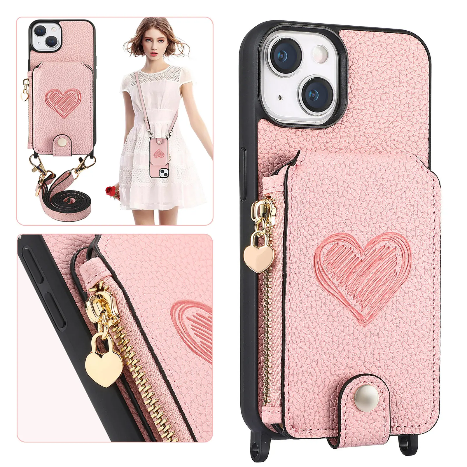 Crossbody Zipper Design Wallet PU Leather Phone Case with Hand Strap for iPhone 12 13 14 15 Pro max TPU+Leather Phone Case