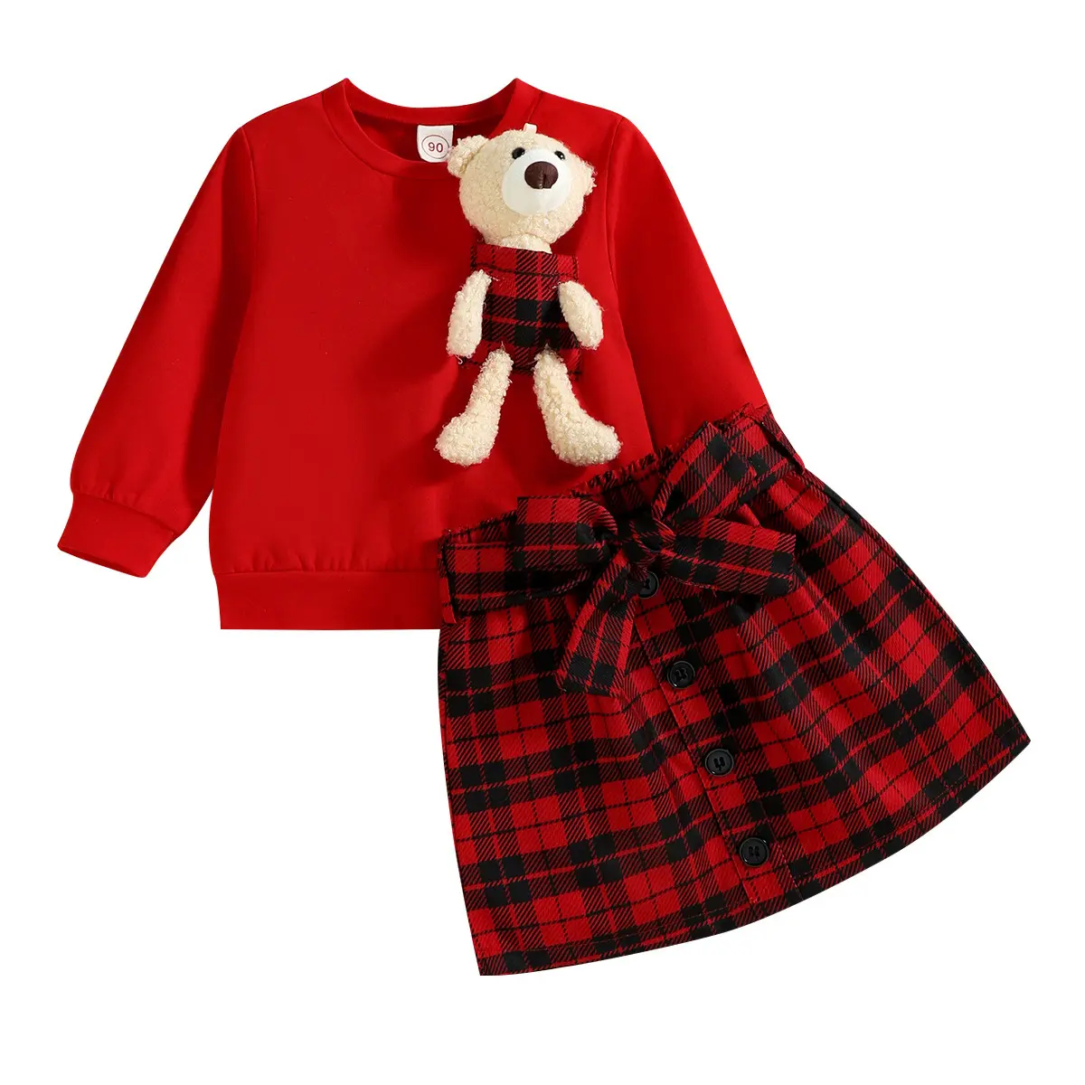 Conjunto de ropa de Navidad para bebé niña, jersey de manga larga de oso, muñeca, falda a cuadros y cinturón, P201038