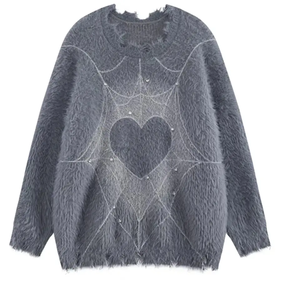 Men's New Style Sweater Crew Neck Knitted Clothing Unisex Heart Pattern Jumper Frayed Pullover Jacquard Knit Sweater