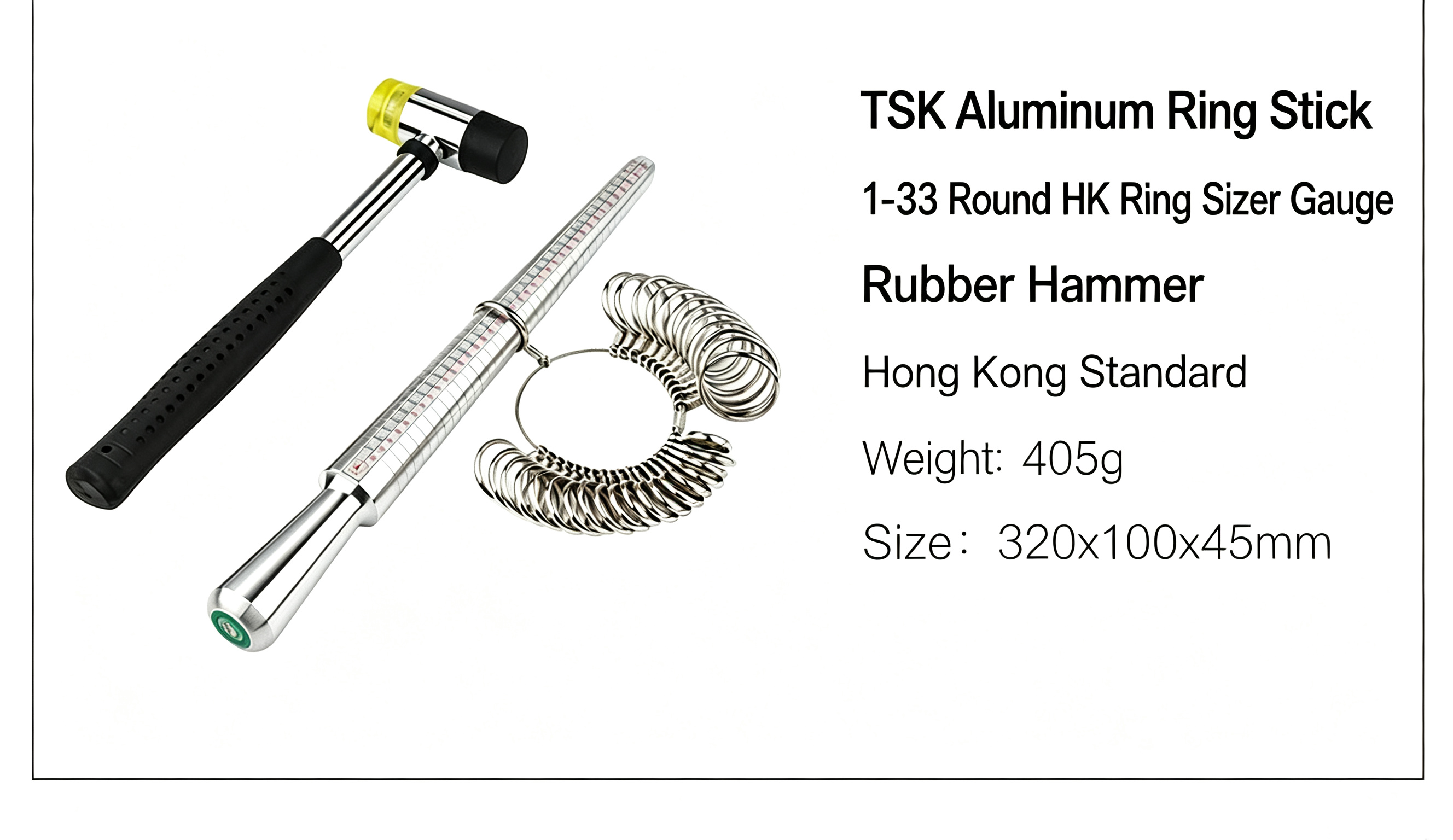 Ring Stick With 1-33 Round HK Ring Sizer Gauge And Rubber Hammer