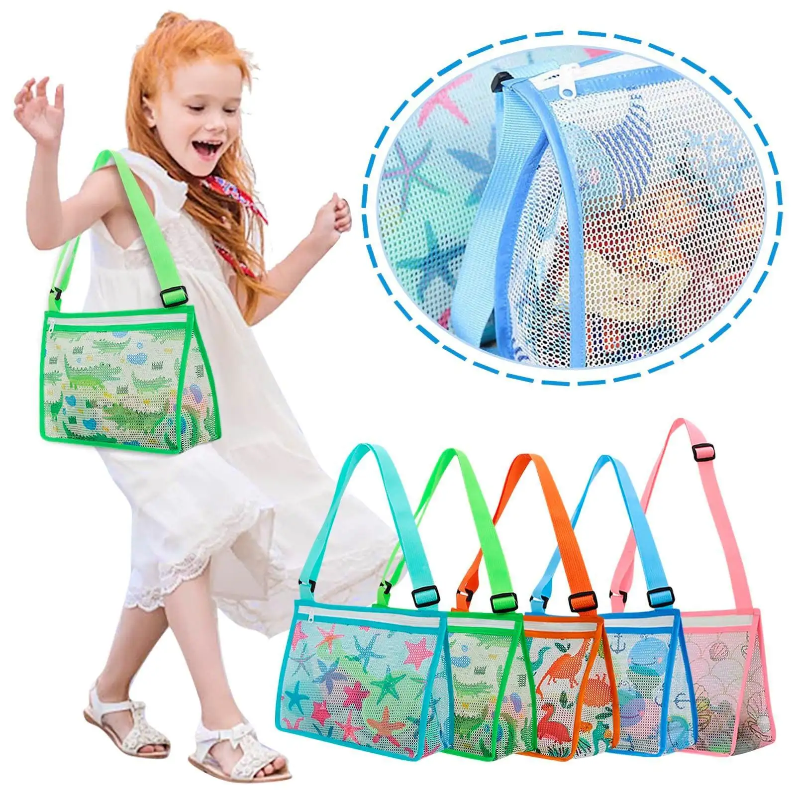 Wholesale Summer Kids Travel Beach Mesh Bag Cartoon Beach Toy Storage Bag Children Shell Collecting Bag