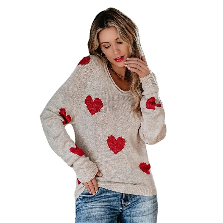 Heißer Verkauf Weihnachten Frauen V Neck Herz Design Fringe Gestrickte Distressed Pullover