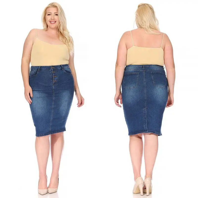 Jean stretch XXL avec fermeture éclair et bouton fendu au dos, jupe en jean grande taille pour femmes rondes