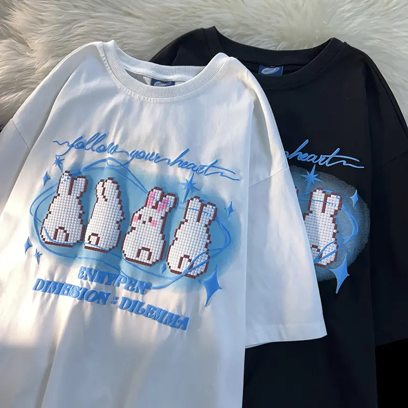 Милая футболка с коротким рукавом с кроликом, новая 2023 футболка большого размера, роскошная оптовая продажа, Китай, женская дизайнерская одежда для пары женщин