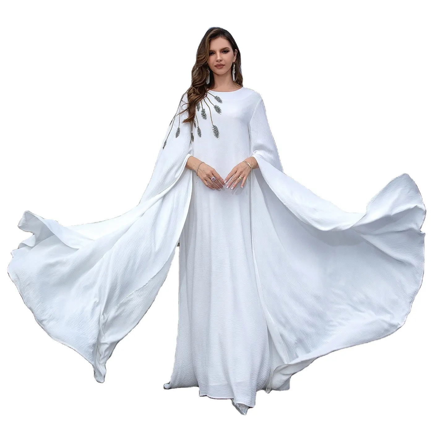 El más nuevo lujo elegante Super blanco y negro manga de murciélago bordado con cuentas Abaya fiesta banquete vestido de verano para mujeres SS0201