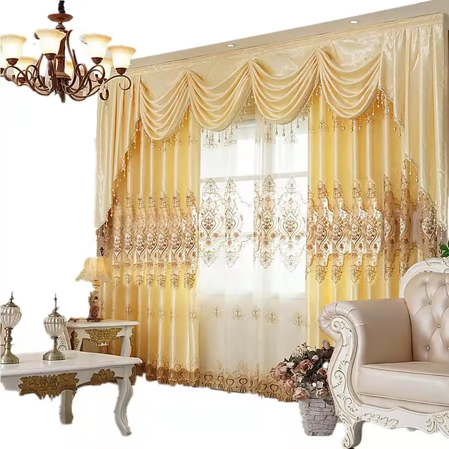 Rideaux brodés élégants beiges pour le salon, anneaux de rideau en tulle pour fenêtre occultante