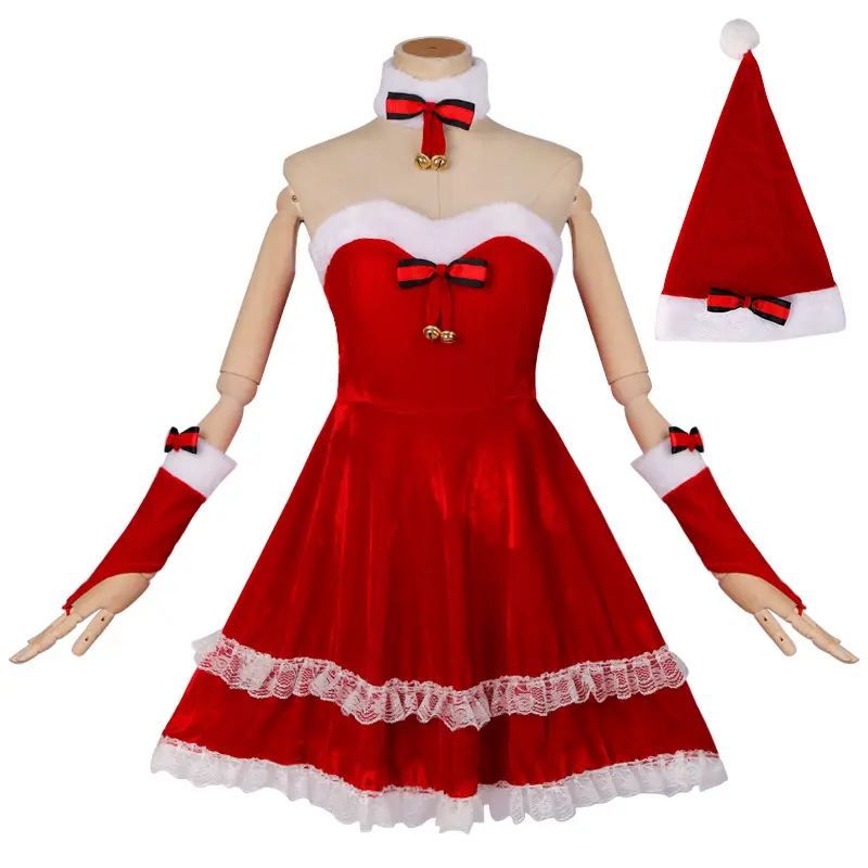 Abiti da festa per donna cappello di natale Costume Cosplay di babbo natale abito rosso in velluto invernale vestito operato uniforme da cameriera Sexy