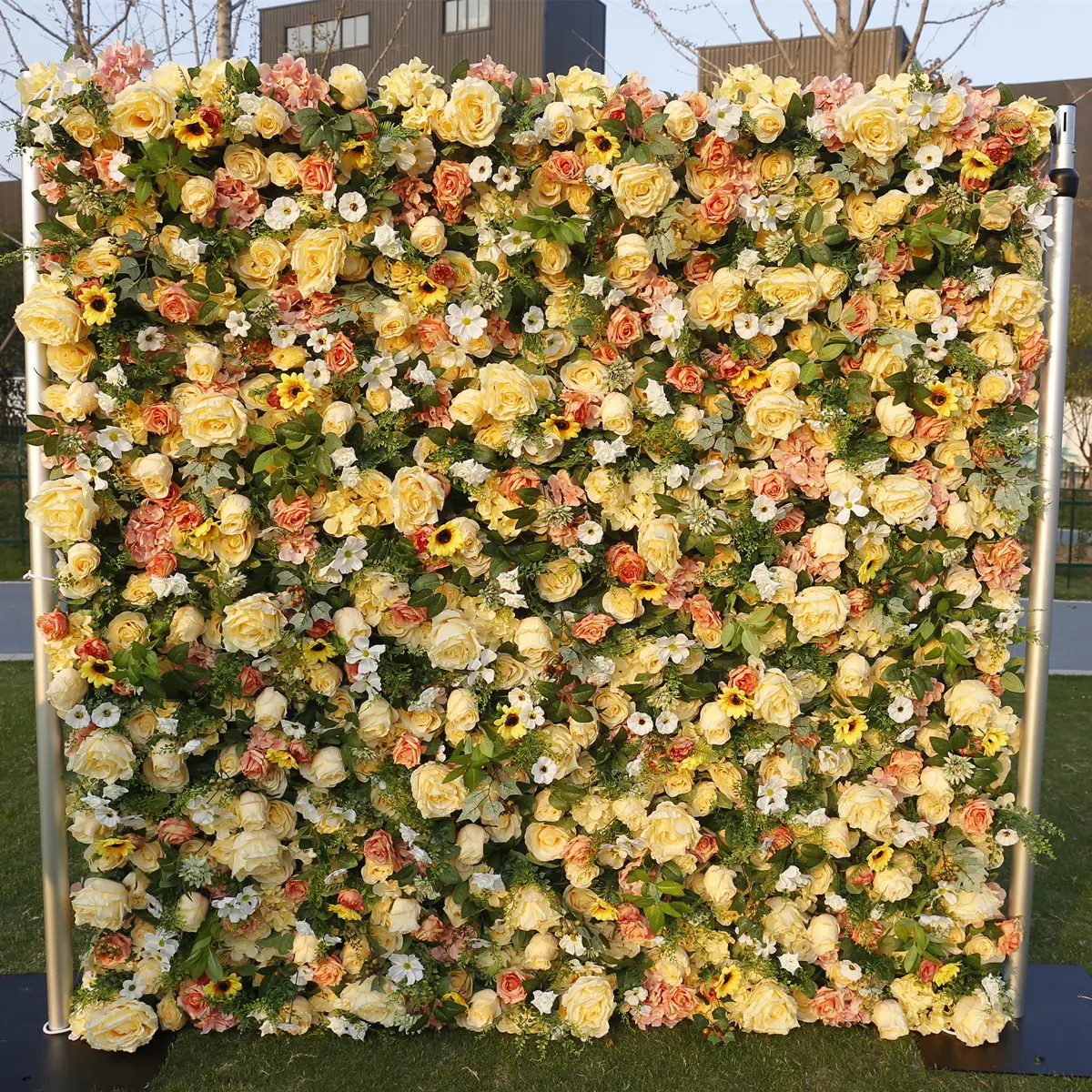 5D 8ftx8ft ติดผนังฉากหลังดอกไม้ประดิษฐ์สีเหลืองดอกกุหลาบดอกทานตะวันสำหรับตกแต่งงานแต่งงาน HQ0019