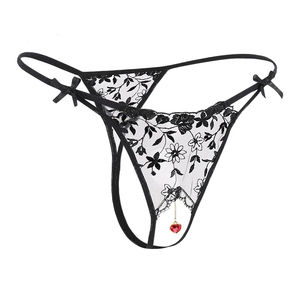 Tangas abertas com pingente de pérola para mulheres, cuecas com bordado sem virilha, cuecas tanga de renda transparente e sexy