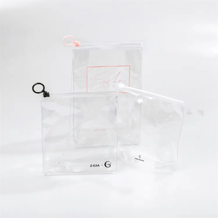 Pochette à fermeture éclair rose transparente en pvc, impression personnalisée, anneau transparent transparent, pochette à fermeture éclair