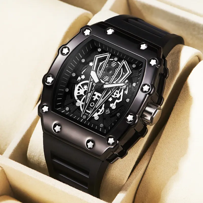 Модные мужские наручные часы, Брендовые повседневные водонепроницаемые светящиеся часы с вырезами на силиконовом ремешке, квадратные мужские часы