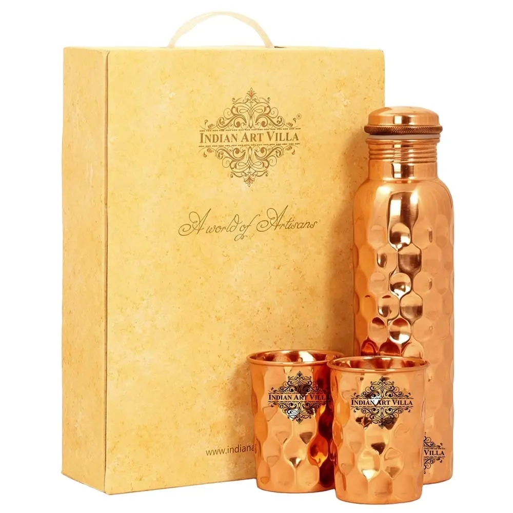 Botella de diamante de cobre puro personalizada, martillado con 2 juegos de regalo de vidrio, precio al por mayor, venta al por mayor