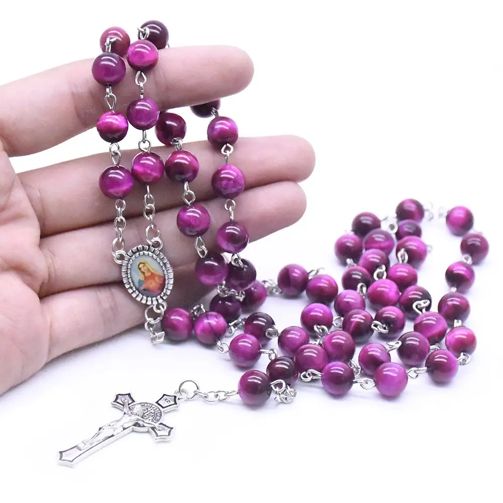 Collar con cuentas de Ojos de tigre púrpura para rezar, rosarios religiosos de color ámbar y rosarios a granel