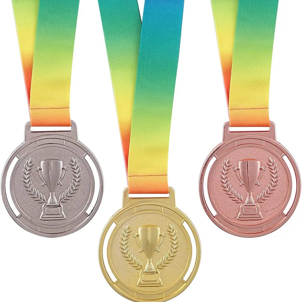 Altın folyo ile spor madalyaları özel kurdele ucuz Metal boş madalya şerit askı altın gümüş bronz