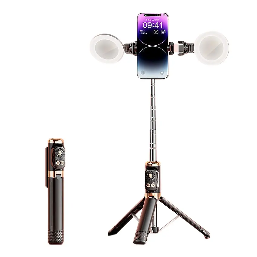 1.7 M Custom rotanti Selfie Stick e treppiede Mobile di rotazione 360 con doppio anello Led luce di riempimento telecomando per telefono