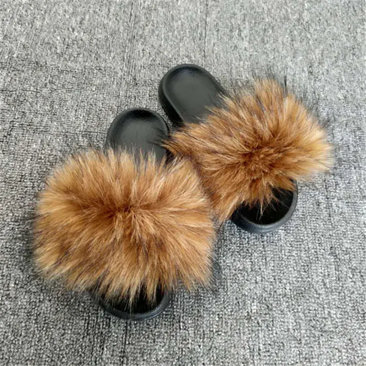 Women Fluffy Faux Fur Flip Flops Furry Raccoon Fur Sandals Faux Fox Fur Home Casual Plush Shoes Slippers