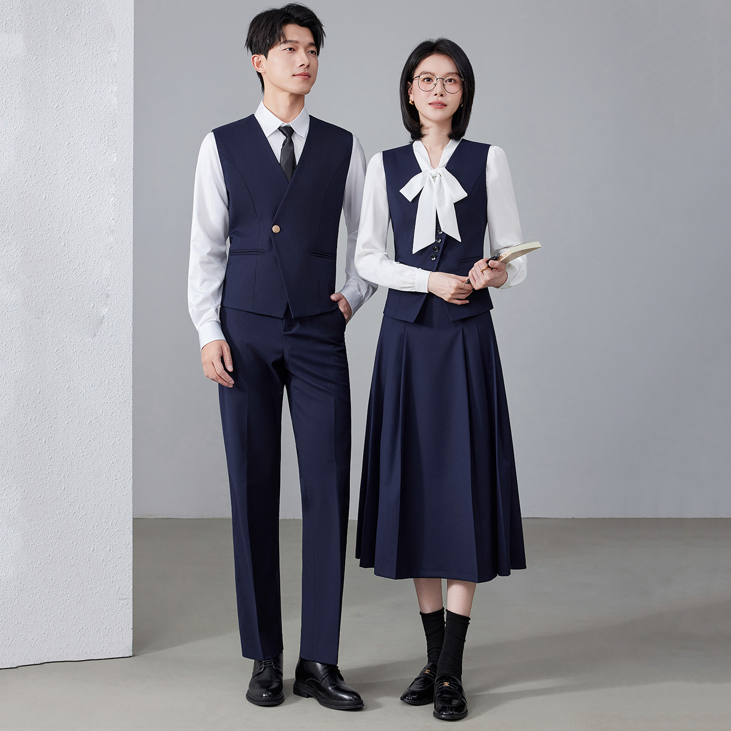Female navy vest+skirt+white shirt