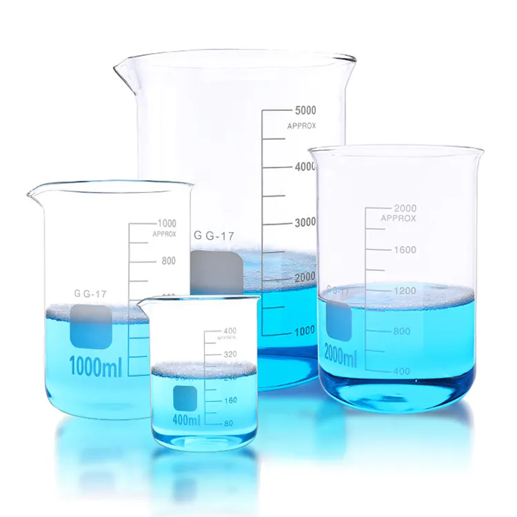 Usine boro 3.3 bécher de verrerie de laboratoire 5-5000mL bécher de laboratoire en verre borosilicate clair à paroi épaisse béchers en verre