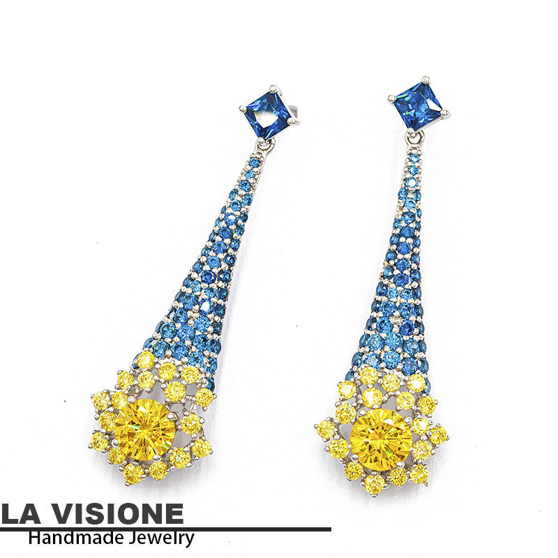 ต่างหูเงิน 925 ประดับคริสตัลสีเหลืองธรรมชาติ ชุบทองคำขาว 18k