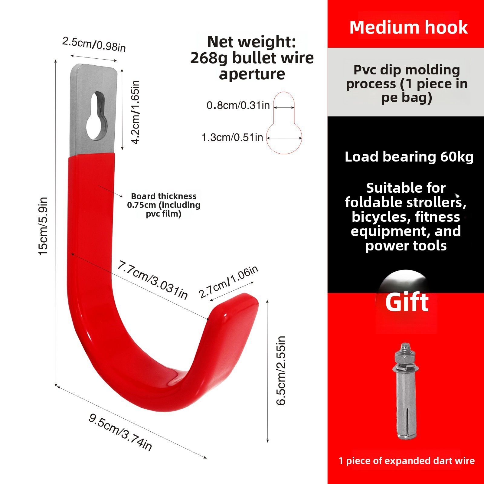 Red flat steel with bent hook and accessories