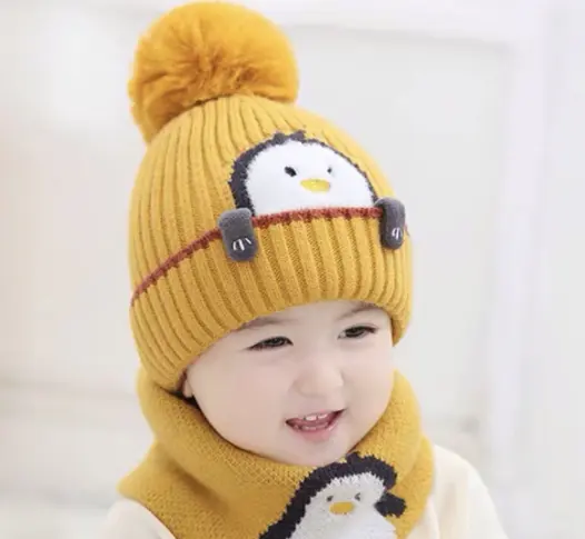 Alta calidad lindos animales pingüino niños sombreros algodón cálido tejido elegante invierno sombreros y bufanda conjunto para niños bebé
