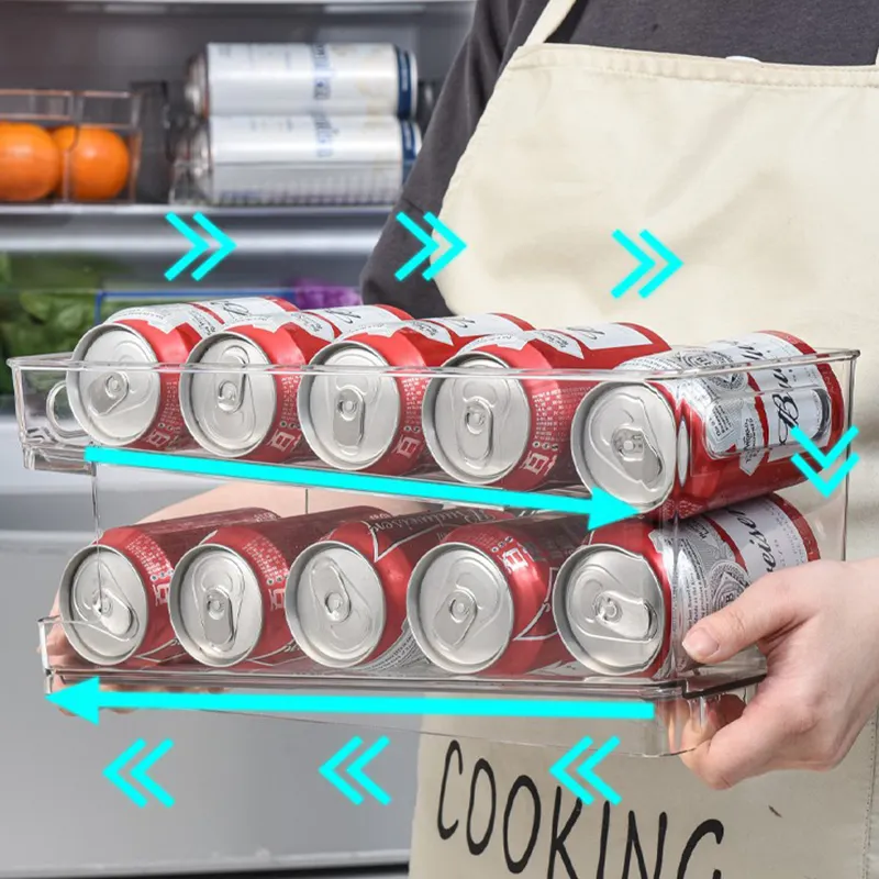 Caja de almacenamiento de latas de bebidas de plástico, soporte para latas de cerveza rodantes de 2 capas, organizador de nevera para mascotas de cocina para refrigerador