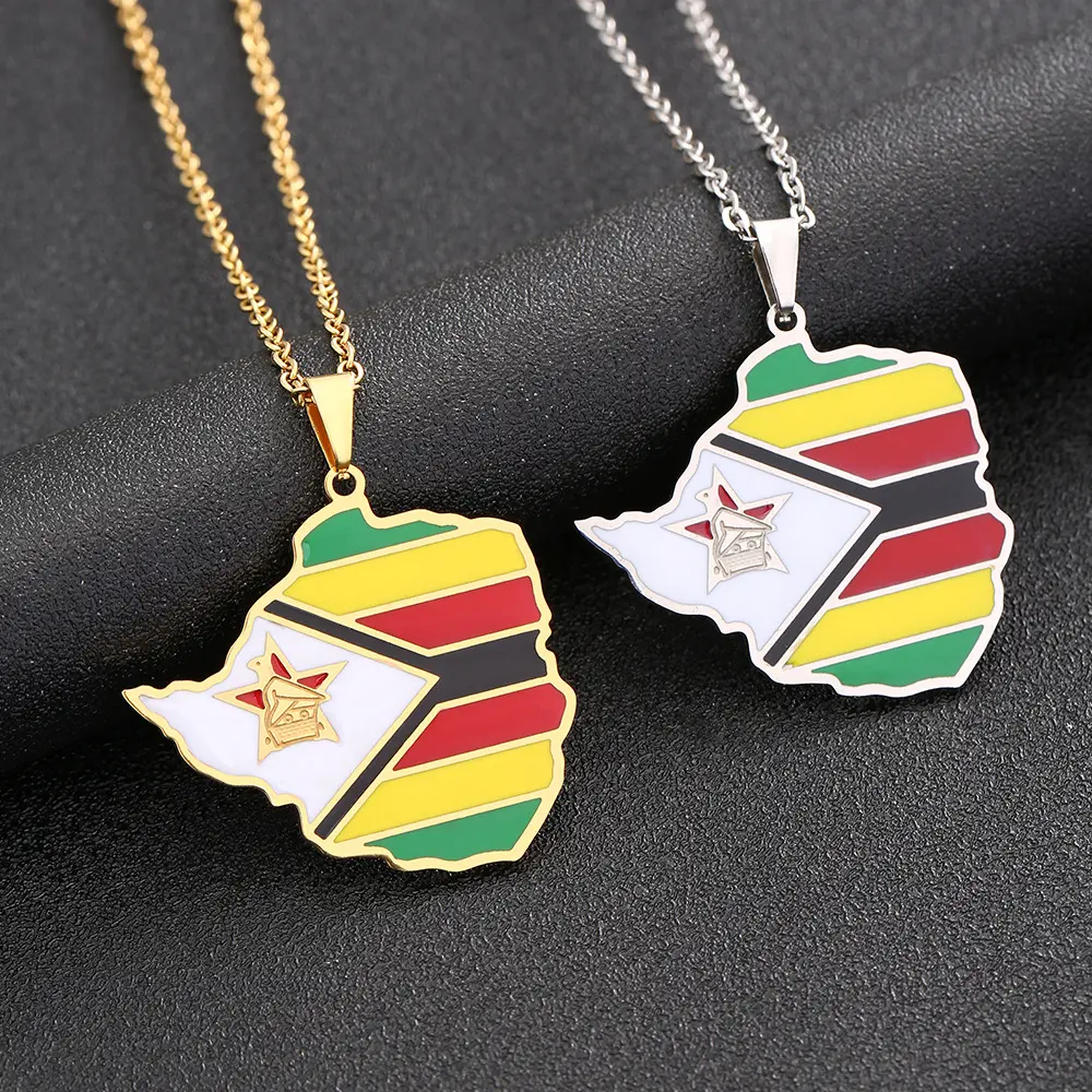 BINSHUO venta al por mayor joyería de acero inoxidable personalizada gota de aceite Zimbabue nación mapa bandera encanto hombres colgante parejas Collar para mujeres
