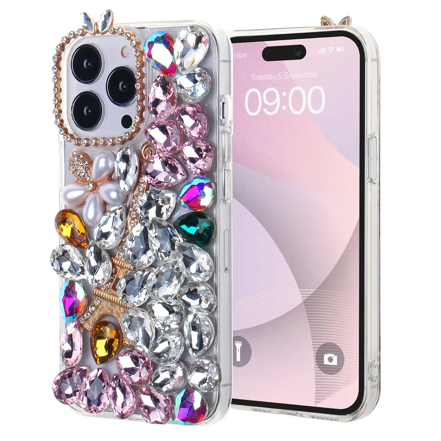 Luxe brillant et Bling gemme strass coque de téléphone tour Eiffel Style diamant étui de protection arrière pour Iphone 14 15Pro Max