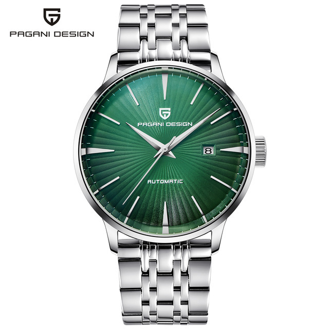 3 silver case green dial steel strap