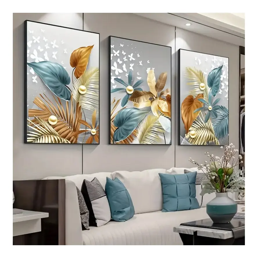 Home Decor Luxury 3pcs Modern Golden Butterfly Leaves Wall Art Canvas Painting Art for Living Room Cuadros