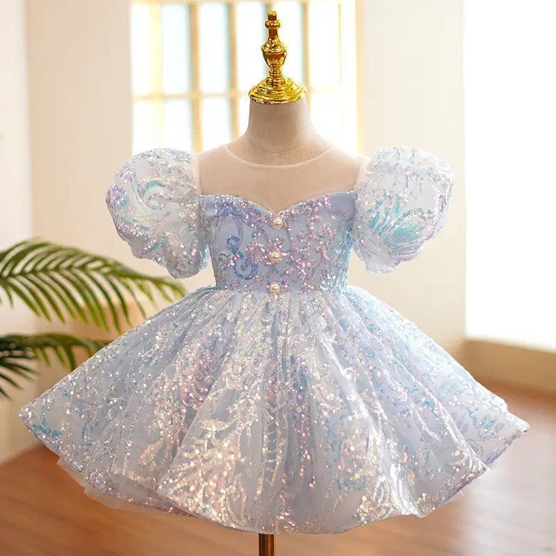 Agile Summer paillettes Blue Children Wear Baby Pageant Party abbigliamento Flower Girls abiti da sposa Toddler Kids Ball Gown Frock