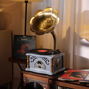 Handmade 12V <strong>Input</strong>/USB <strong>Output</strong> Audio <strong>Video</strong> Accessory Blue Alloy Horn Vinyl Record Player Wood Protective Coating Sprayed - Product Image 1