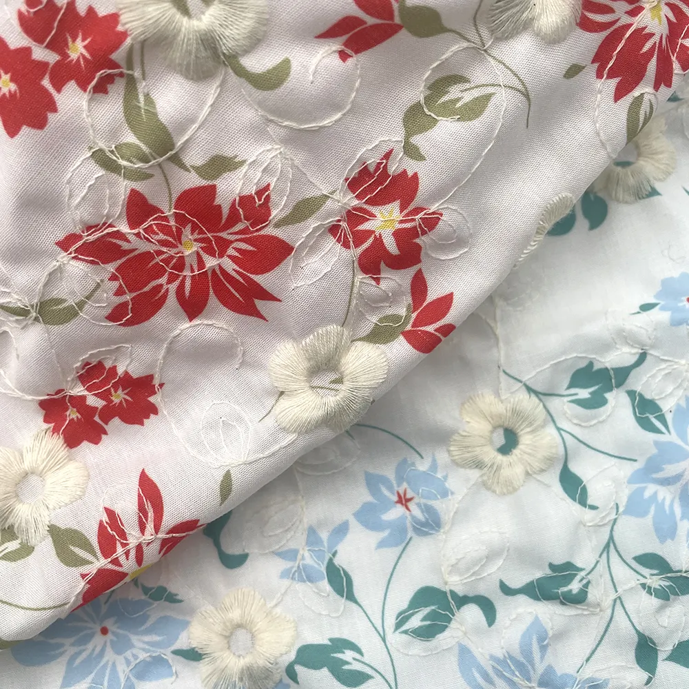Tela de algodón y poliéster con estampado Digital, bordado plano de estilo floral personalizado de diseñador