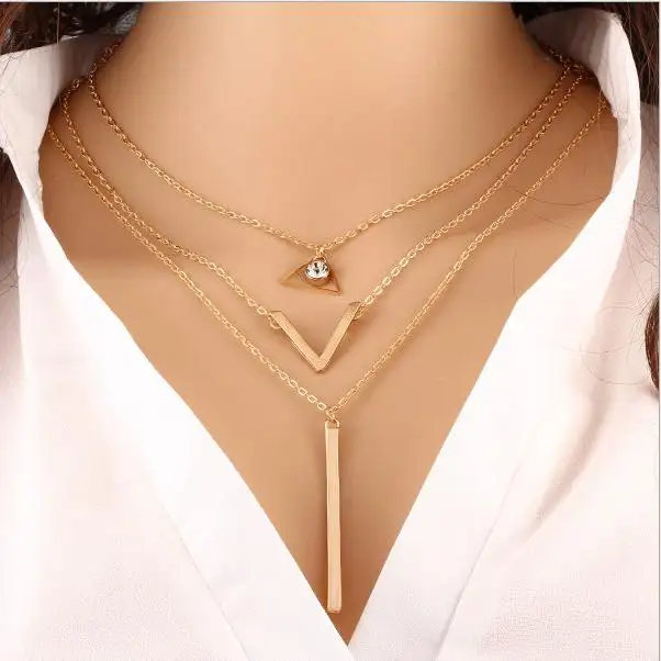 Collar de joyería de moda para mujer, cadena de metal larga de varios niveles de diferente longitud, aspecto graduado, collar de cadena de cristal dorado