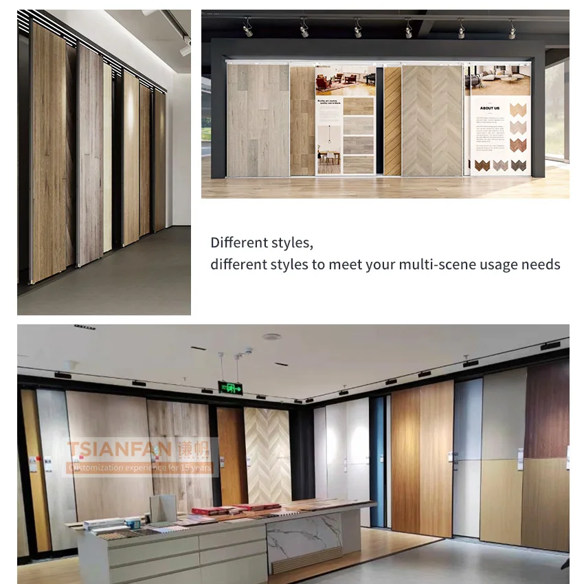 Tsianfan custom push pull wood compounds floorboards laminated timber floor sample material wooden floor display rack