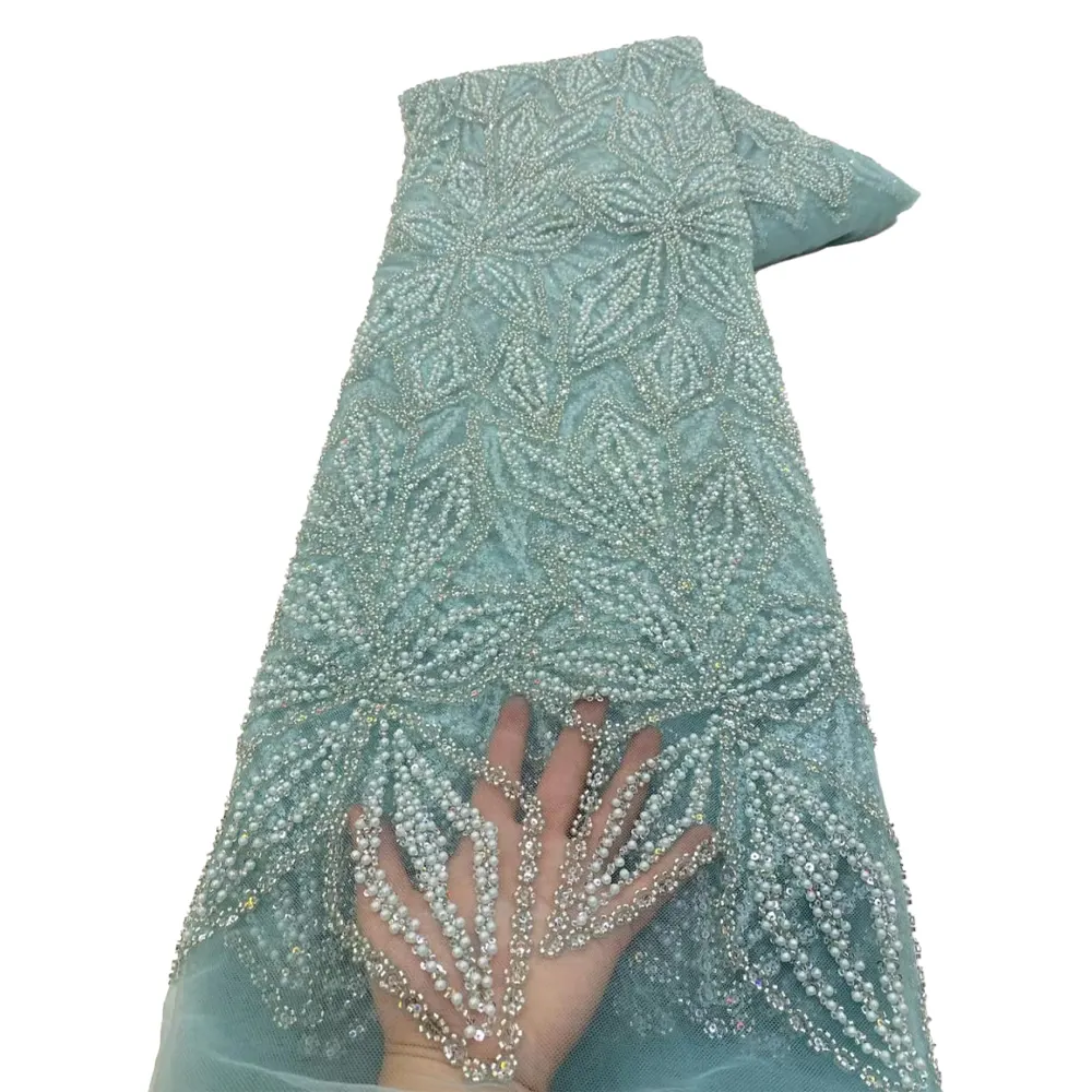 HFX africano tessuto di pizzo con perline pesante, tulle di paillettes nigeriane, materiale in tessuto 3D per matrimoni, alta qualità, 2023,5 iarde