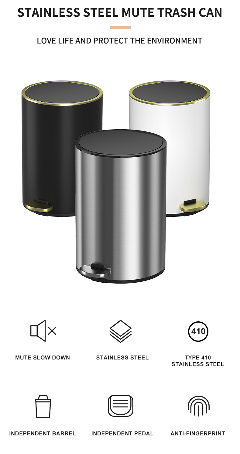 8L interior kitchen stainless steel metal clamshell bin with pedals