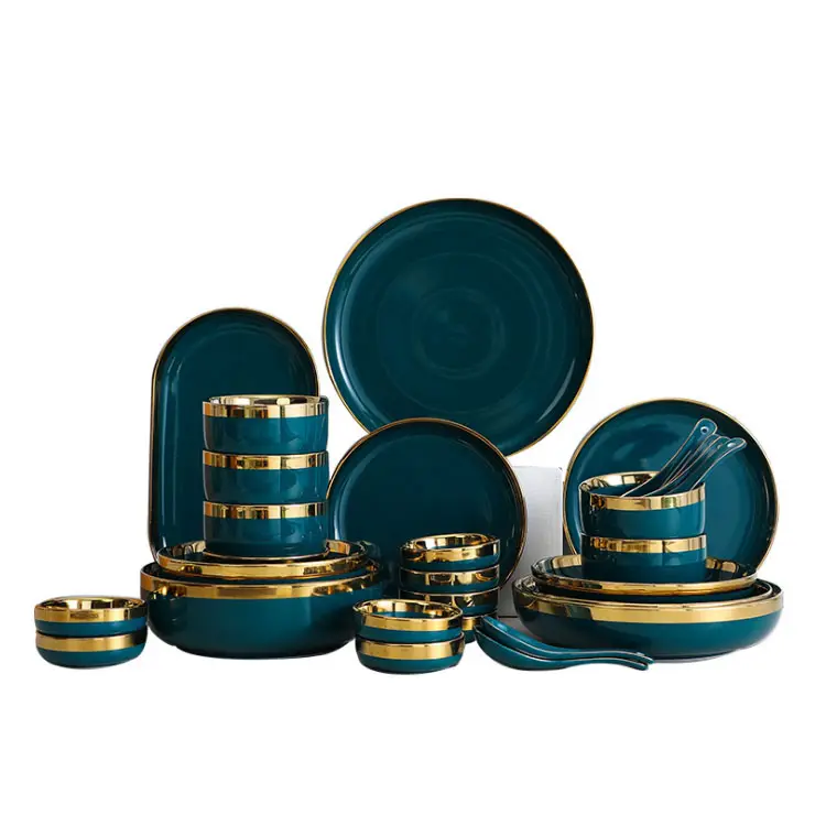 Набор керамической посуды, матовые синие тарелки и миски с золотым ободком в скандинавском стиле, набор посуды