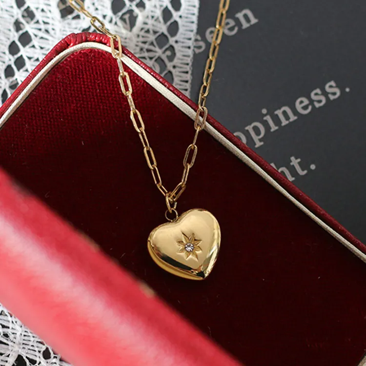 Solid Love Heart Shaped North Star Pendant Necklace 18K Gold Plated Stainless Steel Rose GOLD Color Link Chain Necklaces Wedding