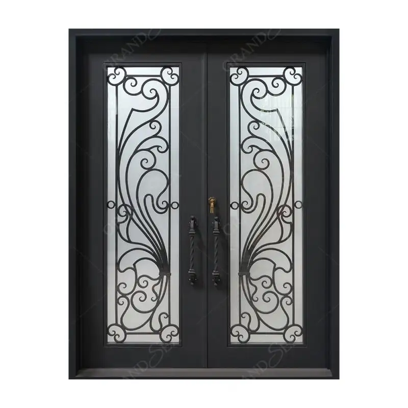 Modern Retro Classic Grill Door Flat Security Iron Door Entrance Double Doors Black Cast Iron Metal