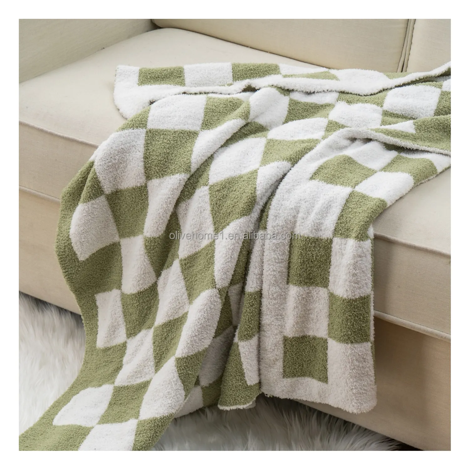 Heavyweight Sage Green Bed Blanket Reversible Knitted Checkered Microfiber feather yarn Checkerboard Throw Blankets for Couch
