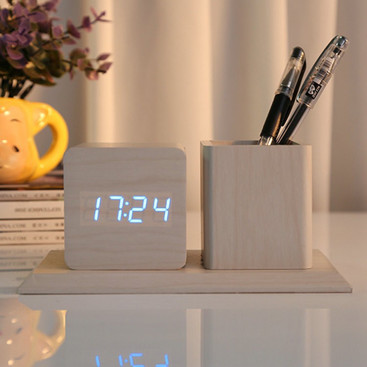 นาฬิกาไม้ Zogifts นาฬิกาไม้ทันสมัย LED นาฬิกาปลุกตั้งโต๊ะปฏิทินเวลาลำโพง BT สีทองวิทยุดิจิตอลโลหะวินเทจใช้ในบ้าน