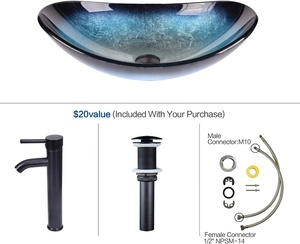 艺术钢化玻璃容器水槽盆椭圆形海洋蓝色洗碗套装橱柜台面水槽，带水龙头和弹出式管道 - Product Image 5
