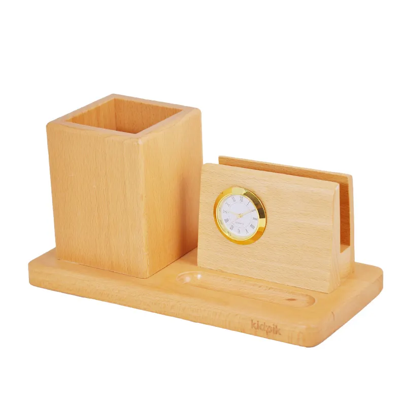 Personalizado de alta qualidade relógio de madeira brinquedos educativos penbox penholder madeira mesa caneta recipiente caneta titular para crianças adultos