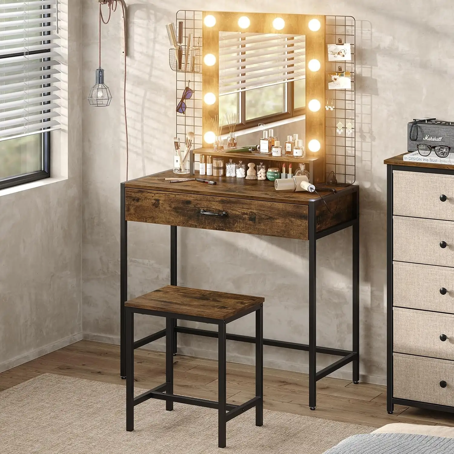 Makeup Vanity Desk Set with LED Lights and Mirror Makeup Table with Drawer Charging Station Dressing Table with Stool