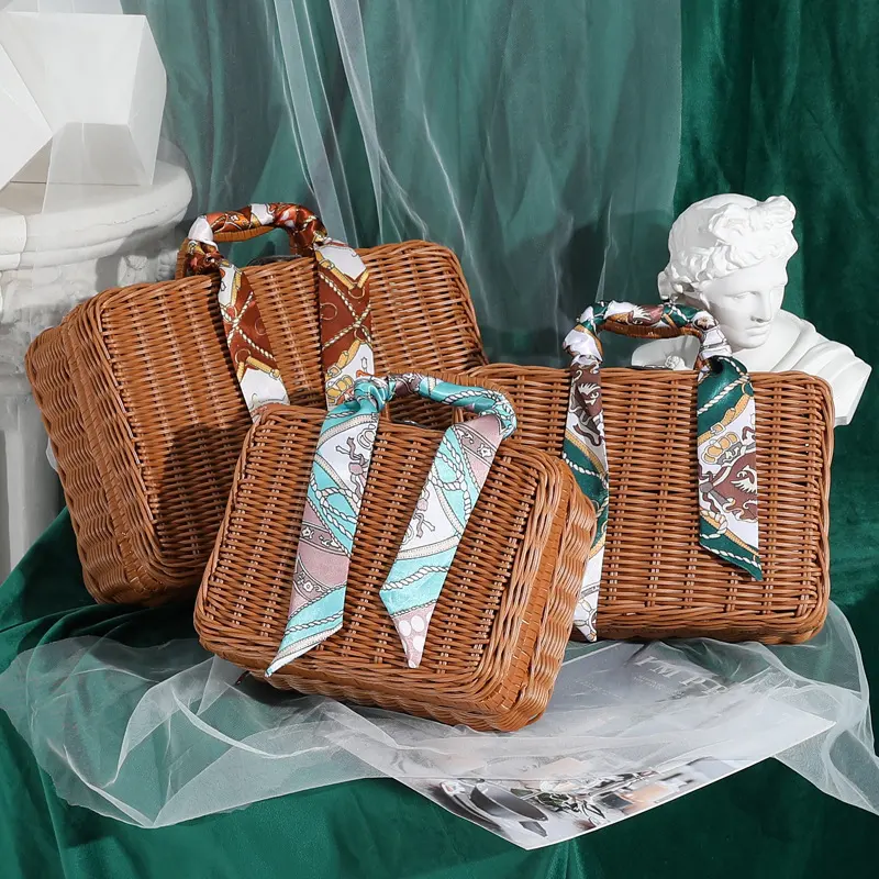 Retro Storage Luggage Photo Props Finishing Rattan Storage Box Wedding Picnic Box With Handles Gift Suitcase