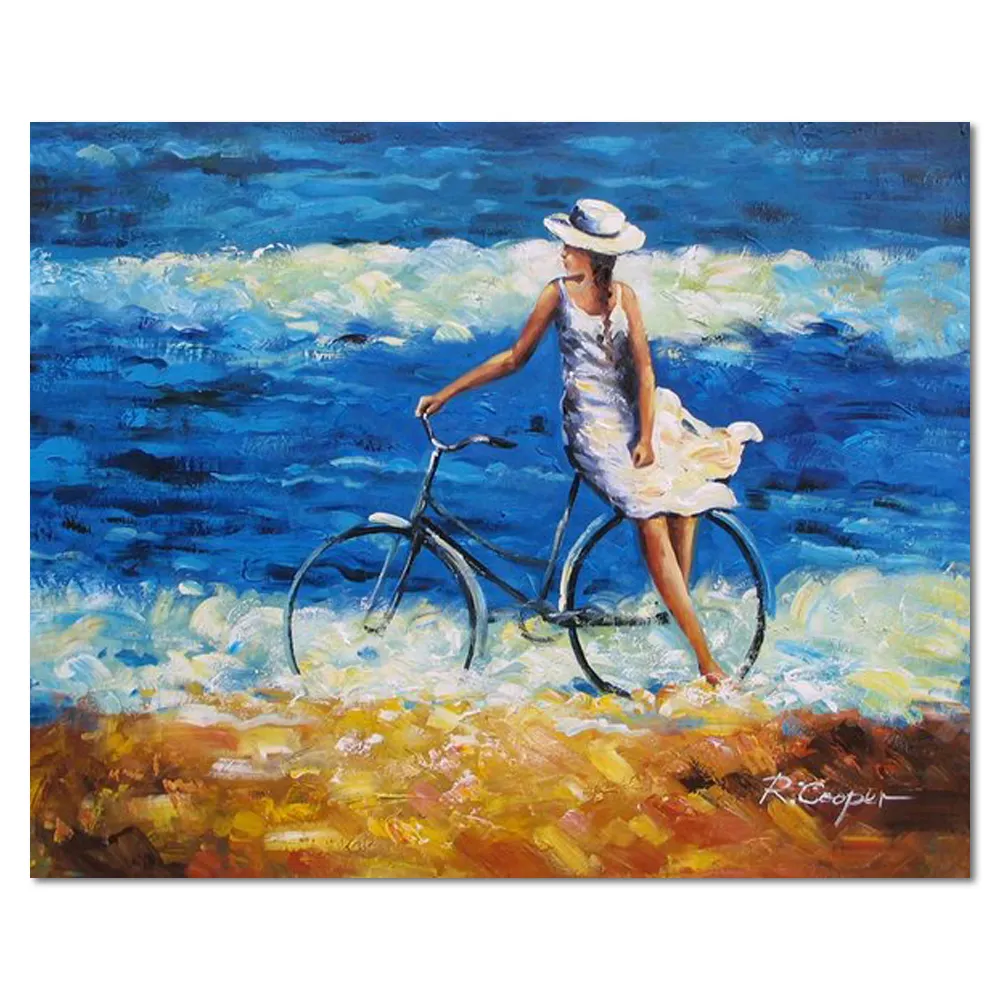 Impresionista largo falda chica montando bicicleta playa hecho a mano aceite de pintura para sala