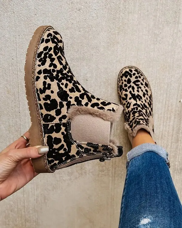 Botas con cremallera de leopardo para mujer, botines de felpa con cremallera en la espalda